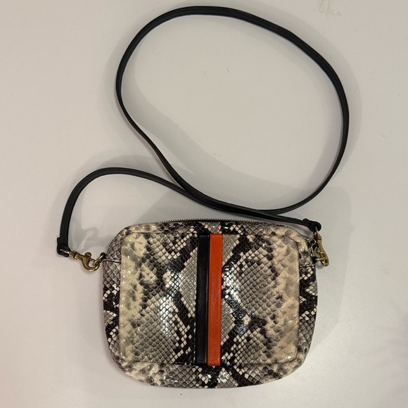 Clare V. Mini Snakeskin Patterned Clutch with Black and Orange Accents - Picture 1 of 5